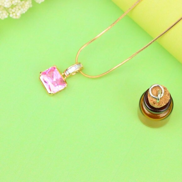 "Chic Pink Emerald Cut Pendant with Baguette Bail in Rose Gold Tone, XPPT1780 - Picture 12 of 13